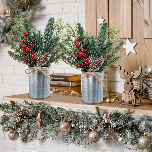 Winlyn 3 Pack Christmas Artificial Potted Plants Christmas Greenery Red Berry and Snowy Pinecone in Small Rustic Galvanized Metal Pot Farmhouse Centerpiece for Holiday Winter Home Tiered Tray Tabletop in Saudi Arabia