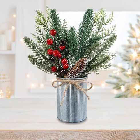 Winlyn 3 Pack Christmas Artificial Potted Plants Christmas Greenery Red Berry and Snowy Pinecone in Small Rustic Galvanized Metal Pot Farmhouse Centerpiece for Holiday Winter Home Tiered Tray Tabletop in Saudi Arabia