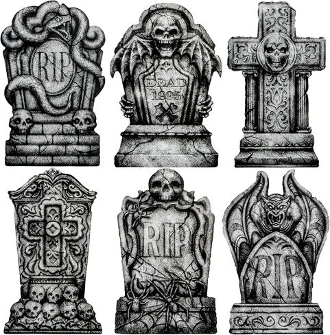 JOYIN 15.7" Halloween Decorations Outdoor Graveyard Tombstones, 6 Pcs Skeleton RIP Plastic Gravestones Halloween Decor with 12 Metal Stakes for Yard Lawn Garden Prop, Party Decor Supplies in Saudi Arabia