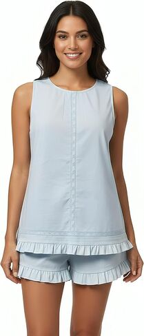 100% Cotton Women's Ruffle Pajama Set - Lightweight Ruffle Top & Shorts Sleepwear with Lace Trim | Soft Breathable Loungewear in Saudi Arabia