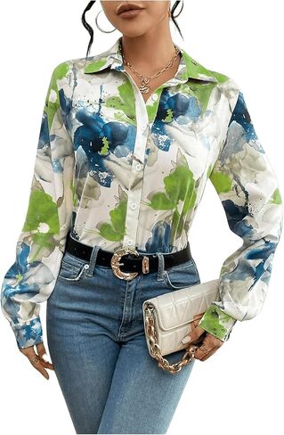 OYOANGLE Women's Floral Print Button Up Long Sleeve Blouses Top Casual Work Collared Shirts in Saudi Arabia