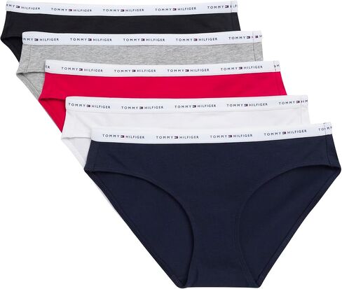 Tommy Hilfiger Women's 5 Pack Classic Cotton Logo Bikini, Red/Navy/White/Heather Grey/Black, Large in Saudi Arabia