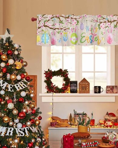 Shijh Tec Valance for Windows, Happy Easter Eggs Vintage Tree Branch Flowers Small Window Valance Curtain for Kitchen Bathroom Cafe Laundry Basement, 54Wx18L inch, 1 Piece in Saudi Arabia