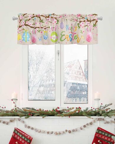 Shijh Tec Valance for Windows, Happy Easter Eggs Vintage Tree Branch Flowers Small Window Valance Curtain for Kitchen Bathroom Cafe Laundry Basement, 54Wx18L inch, 1 Piece in Saudi Arabia