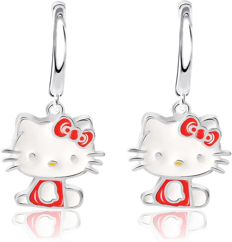 Sanrio Hello Kitty Womens Hoop Earrings - Enamel and Silver Plated Hello Kitty Half Hoop Dangle Earrings Officially Licensed in Saudi Arabia