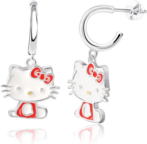 Sanrio Hello Kitty Womens Hoop Earrings - Enamel and Silver Plated Hello Kitty Half Hoop Dangle Earrings Officially Licensed in Saudi Arabia