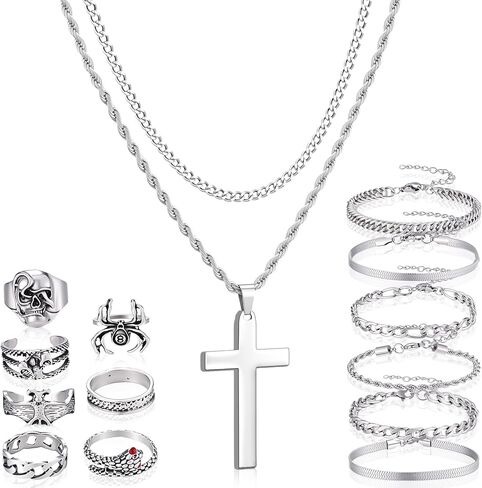 Kigeli 15 Pcs Silver Jewelry Set for Men, Stainless Steel Cross Pendant Layered Necklace Cuban Link Bracelet Vintage Ring Gothic Hip Hop Chain Chunky Jewelry Set for Women Men Christmas Gifts in Saudi Arabia