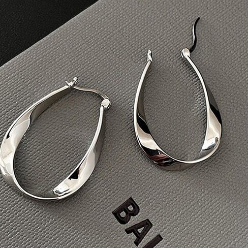 Trendy Statement Dangle Earrings for Women,Minimalist Silver Hoop Earrings Geometric Twisted Strip Oval Huggie Earring,Aesthetic Anniversary Jewelry Gifts in Saudi Arabia