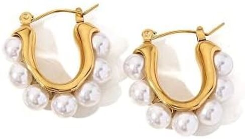 14K Gold Over S925 Silver Pearl Hoop Earrings, Netrual Freshwater Pearl Dangle Earrings, Women's Day, Birthday Gift for Wife,Girlfriend in Saudi Arabia