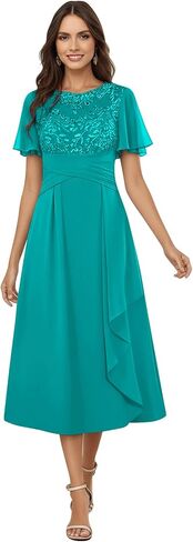 Elegant Lace Applique Tea Length Mother of The Bride Dress Chiffon Ruffle Sleeves with Draped Side Panel Formal Evening Gown in Saudi Arabia