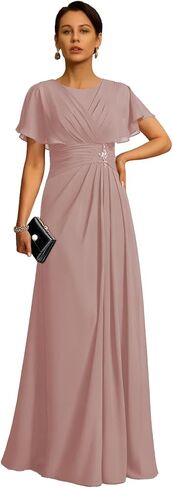 Chiffon Mother of The Bride Dress Crew Neck Formal Evening Dresses with Beaded A Line Ruched Wedding Guest Gowns in Saudi Arabia