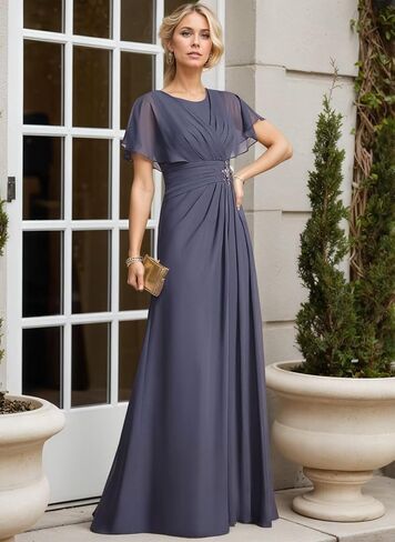 Chiffon Mother of The Bride Dress Crew Neck Formal Evening Dresses with Beaded A Line Ruched Wedding Guest Gowns in Saudi Arabia