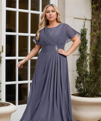 Chiffon Mother of The Bride Dress Crew Neck Formal Evening Dresses with Beaded A Line Ruched Wedding Guest Gowns in Saudi Arabia