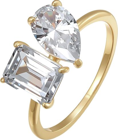 espere Toi et Moi Engagement Ring | 18K Gold Plated Sterling Silver Two Stone Ring | Emerald and Pear CZ Promise Simple Bridal Ring Anniversary in Saudi Arabia