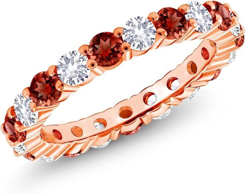 Gem Stone King 18K Rose Gold Plated Silver Round Red Garnet and White Created Sapphire Eternity Band Ring For Women | 1.50 Cttw | Gemstone Birthstone | Wedding Engagement Anniversary Ring in Saudi Arabia