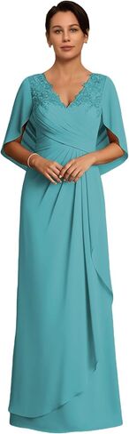 فساتين أم العروس بأكمام كيب شيفون ورقبة على شكل V وأربطة مزينة بفساتين السهرة الرسمية in Kuwait