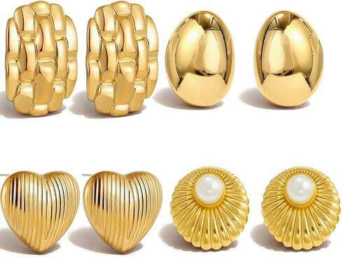4 Pairs Gold Chunky Statement Earrings for Women, Geometric Vintage Gold Stud Earrings, Trendy Chunky Gold Jewelry Gift Set with Bonus Jewelry Organizer Box in Saudi Arabia