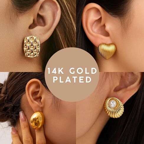 4 Pairs Gold Chunky Statement Earrings for Women, Geometric Vintage Gold Stud Earrings, Trendy Chunky Gold Jewelry Gift Set with Bonus Jewelry Organizer Box in Saudi Arabia