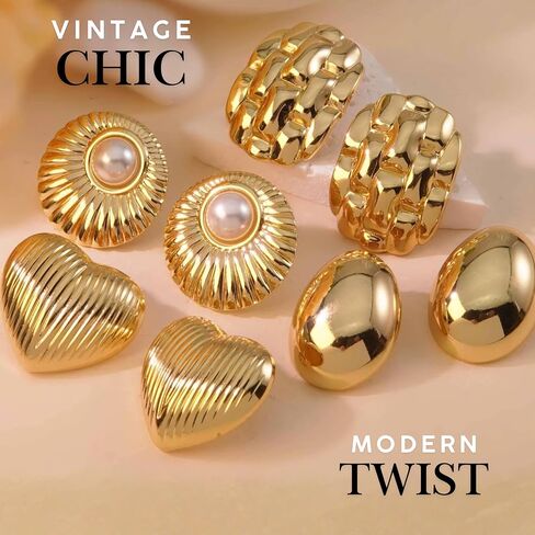 4 Pairs Gold Chunky Statement Earrings for Women, Geometric Vintage Gold Stud Earrings, Trendy Chunky Gold Jewelry Gift Set with Bonus Jewelry Organizer Box in Saudi Arabia