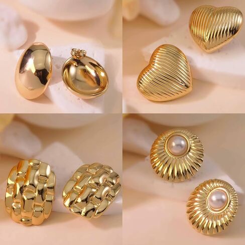 4 Pairs Gold Chunky Statement Earrings for Women, Geometric Vintage Gold Stud Earrings, Trendy Chunky Gold Jewelry Gift Set with Bonus Jewelry Organizer Box in Saudi Arabia