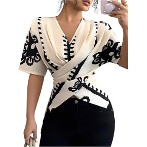 SOLY HUX Women's Printed Wrap Blouse V Neck Short Sleeve Criss Cross Tie Back Summer Tops in Kuwait