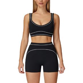 PQBPQB Women 2 Piece Workout Sets U Back Color Block Sports Bra High Waist Tummy Control Active Shorts Yoga Pilates Outfits in Kuwait