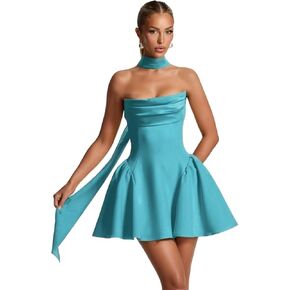 WENKAFO Satin Short Homecoming Dresses with Scarf for Teens 2026 Strapless Cowl Neck Pleated Puffy Prom Dresses WA100 in Kuwait