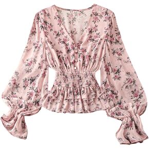 WDIRARA Women's Floral V Neck Layered Ruffle Blouse Boho Flounce Long Sleeve Smocked Peplum Top in Saudi Arabia