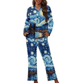 XXQGOMG Women's 2 Piece Button Up Pajamas Set Long Sleeve Blouse and Pants Sleepwear in Kuwait