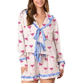 Yiulangde النساء الحرير الساتان مارتيني القوس منامة الجمالية Preppy Pjs طويلة الأكمام قميص كشكش Pj مجموعة تي شيرتات قصيرة للأطفال Y2k 2 قطعة الزي in Kuwait
