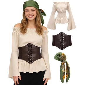 زي أزياء القراصنة النسائية مع إكسسوارات قميص قميص أعلى حزام الحزام وشاح 5pcs in Kuwait