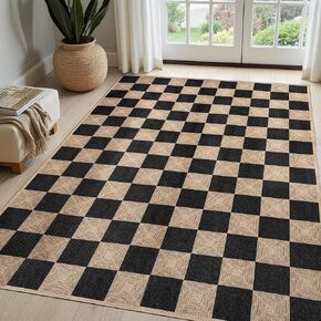 Dadasgk Checkered Easy Jute 3x5 Outdoor Patio Rug, Washable Non Slip Rugs for Entryway,Textured Diamond Indoor Outdoor Living Room Carpet, Farmhouse Neutral Black Door Rug for Backyard Bedroom in Saudi Arabia