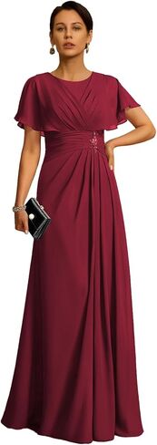 Chiffon Mother of The Bride Dress Crew Neck Formal Evening Dresses with Beaded A Line Ruched Wedding Guest Gowns in Saudi Arabia