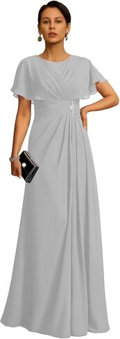 Chiffon Mother of The Bride Dress Crew Neck Formal Evening Dresses with Beaded A Line Ruched Wedding Guest Gowns in Saudi Arabia