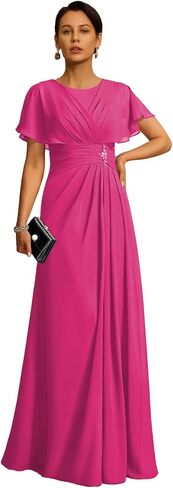 Chiffon Mother of The Bride Dress Crew Neck Formal Evening Dresses with Beaded A Line Ruched Wedding Guest Gowns in Saudi Arabia