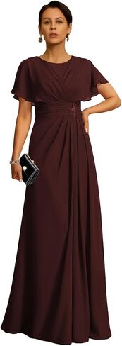 Chiffon Mother of The Bride Dress Crew Neck Formal Evening Dresses with Beaded A Line Ruched Wedding Guest Gowns in Saudi Arabia