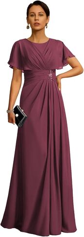 Chiffon Mother of The Bride Dress Crew Neck Formal Evening Dresses with Beaded A Line Ruched Wedding Guest Gowns in Saudi Arabia