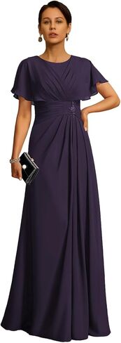 Chiffon Mother of The Bride Dress Crew Neck Formal Evening Dresses with Beaded A Line Ruched Wedding Guest Gowns in Saudi Arabia