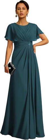 Chiffon Mother of The Bride Dress Crew Neck Formal Evening Dresses with Beaded A Line Ruched Wedding Guest Gowns in Saudi Arabia