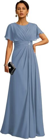 Chiffon Mother of The Bride Dress Crew Neck Formal Evening Dresses with Beaded A Line Ruched Wedding Guest Gowns in Saudi Arabia
