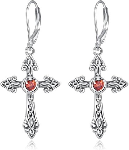 Cross Earrings 925 Sterling Silver Vintage Retro Cross Dangle Drop Leverback Earrings with Heart Birthstone Religion Jewelry Christians Gifts for Women in Saudi Arabia