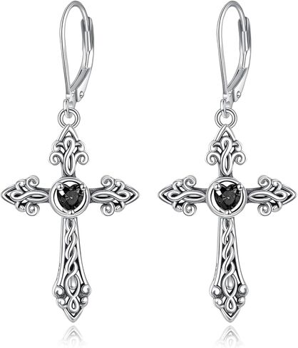 Cross Earrings 925 Sterling Silver Vintage Retro Cross Dangle Drop Leverback Earrings with Heart Birthstone Religion Jewelry Christians Gifts for Women in Saudi Arabia