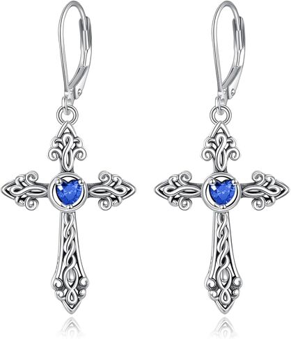 Cross Earrings 925 Sterling Silver Vintage Retro Cross Dangle Drop Leverback Earrings with Heart Birthstone Religion Jewelry Christians Gifts for Women in Saudi Arabia