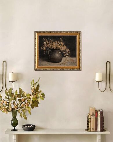 فن جداري عتيق مؤطر بالذهب لديكور المنزل، لوحة خريفية ريفية داكنة على شكل زهور، كوخ ريفي فرنسي دافئ، ديكور جداري نباتي، عمل فني من القماش للحمام، غرفة المعيشة، ديكور جداري لسطح المكتب - 8 × 10 بوصة in Kuwait