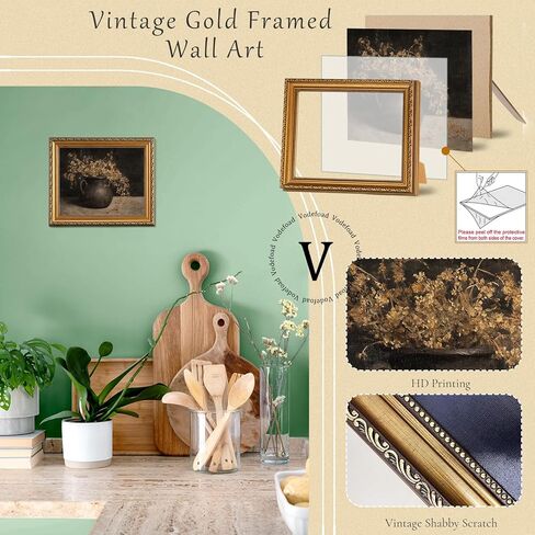 فن جداري عتيق مؤطر بالذهب لديكور المنزل، لوحة خريفية ريفية داكنة على شكل زهور، كوخ ريفي فرنسي دافئ، ديكور جداري نباتي، عمل فني من القماش للحمام، غرفة المعيشة، ديكور جداري لسطح المكتب - 8 × 10 بوصة in Kuwait