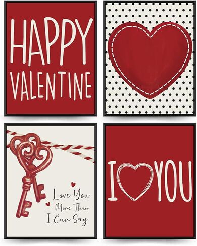 PLKMN Valentine's Day Wall Art Prints,Red Pink Love Heart Posters Decorative Sweet Art Poster for Valentines Wedding Home Room Gallery Living Room Decor 8x10 Inch Set of 4 Unframed in Saudi Arabia