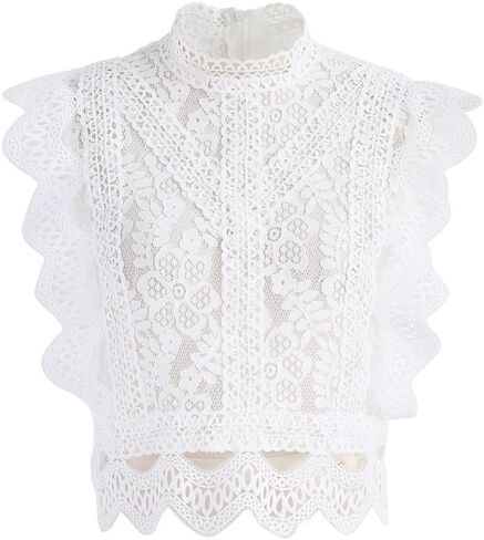 CHICWISH Women's White/Black Falling Leaf Full Lace Crochet Round Neck Sleeveless Crop Top in Saudi Arabia