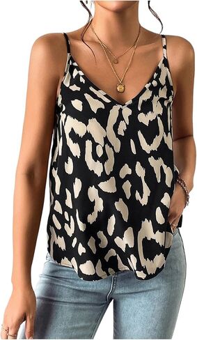 SweatyRocks Women's V Neck Sleeveless Spaghetti Straps Camisole Leopard Print Summer Casual Tank Top in Saudi Arabia