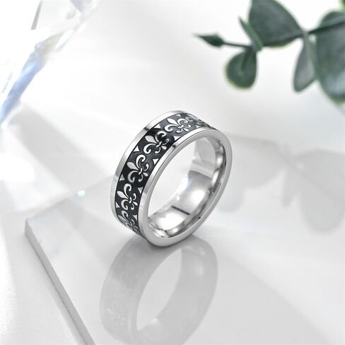 8mm Vintage Fleur-De-Lis Stainless Steel Ring Classic Floral Pattern Band Royal flower/French lily Jewelry for Women Men in Saudi Arabia