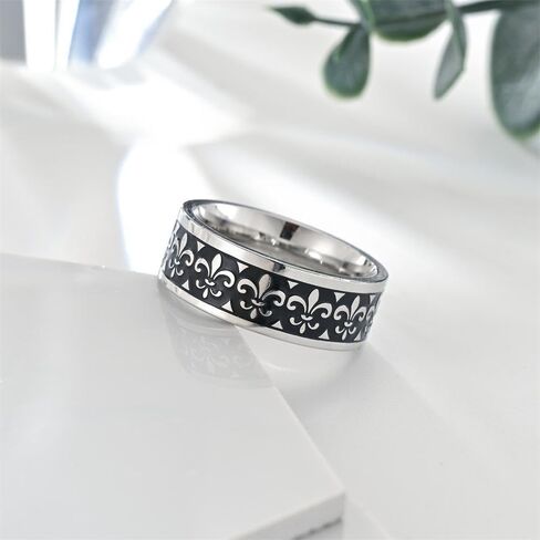 8mm Vintage Fleur-De-Lis Stainless Steel Ring Classic Floral Pattern Band Royal flower/French lily Jewelry for Women Men in Saudi Arabia
